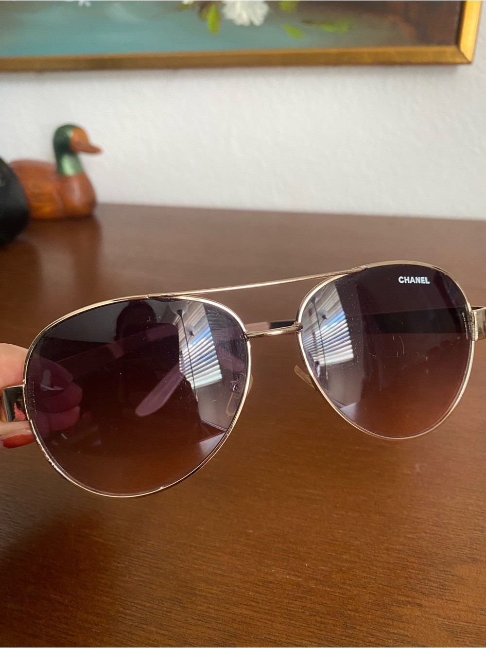 CHANEL Gold Frame Aviator Sunglasses with Gradient Brown Lenses